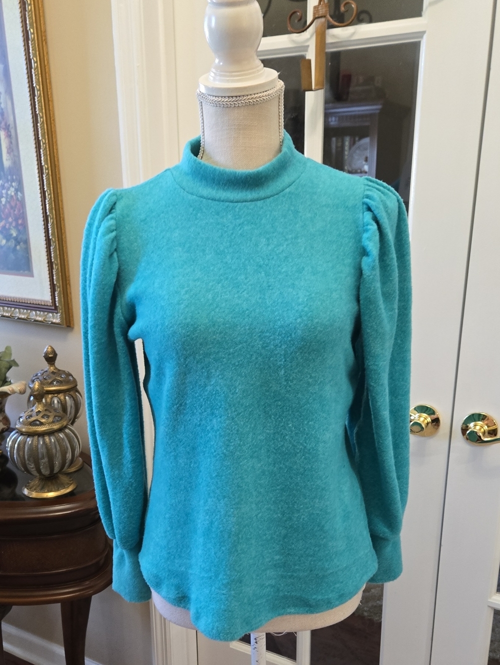 Zenana Outfitters Teal Long Puff-Sleeve Mock Neck Sweater soft puffy Small NEW
